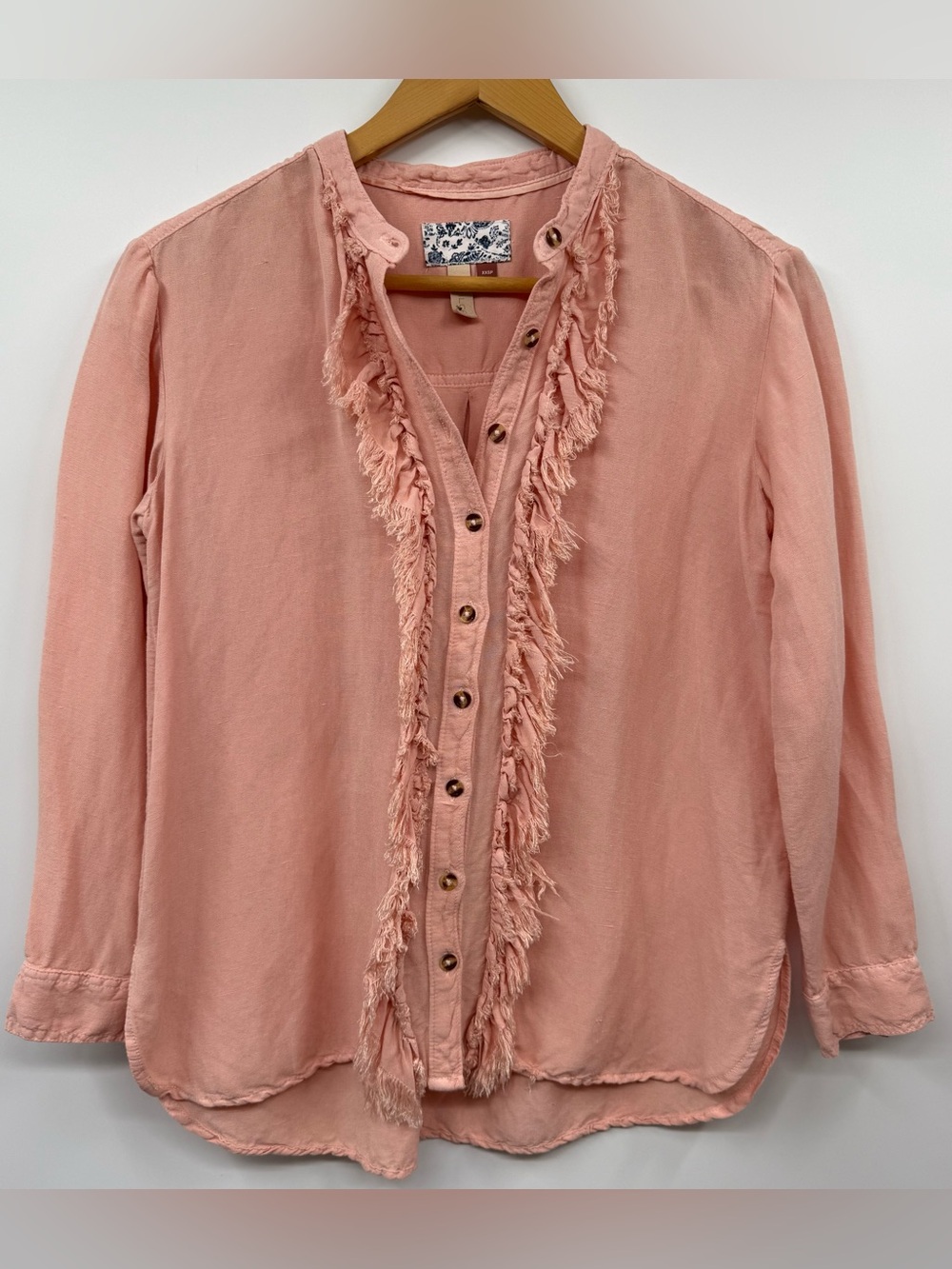 Anthropologie Pilcro Pink Placket Linen Ruffled Fringe Button Front Blouse XXS-S